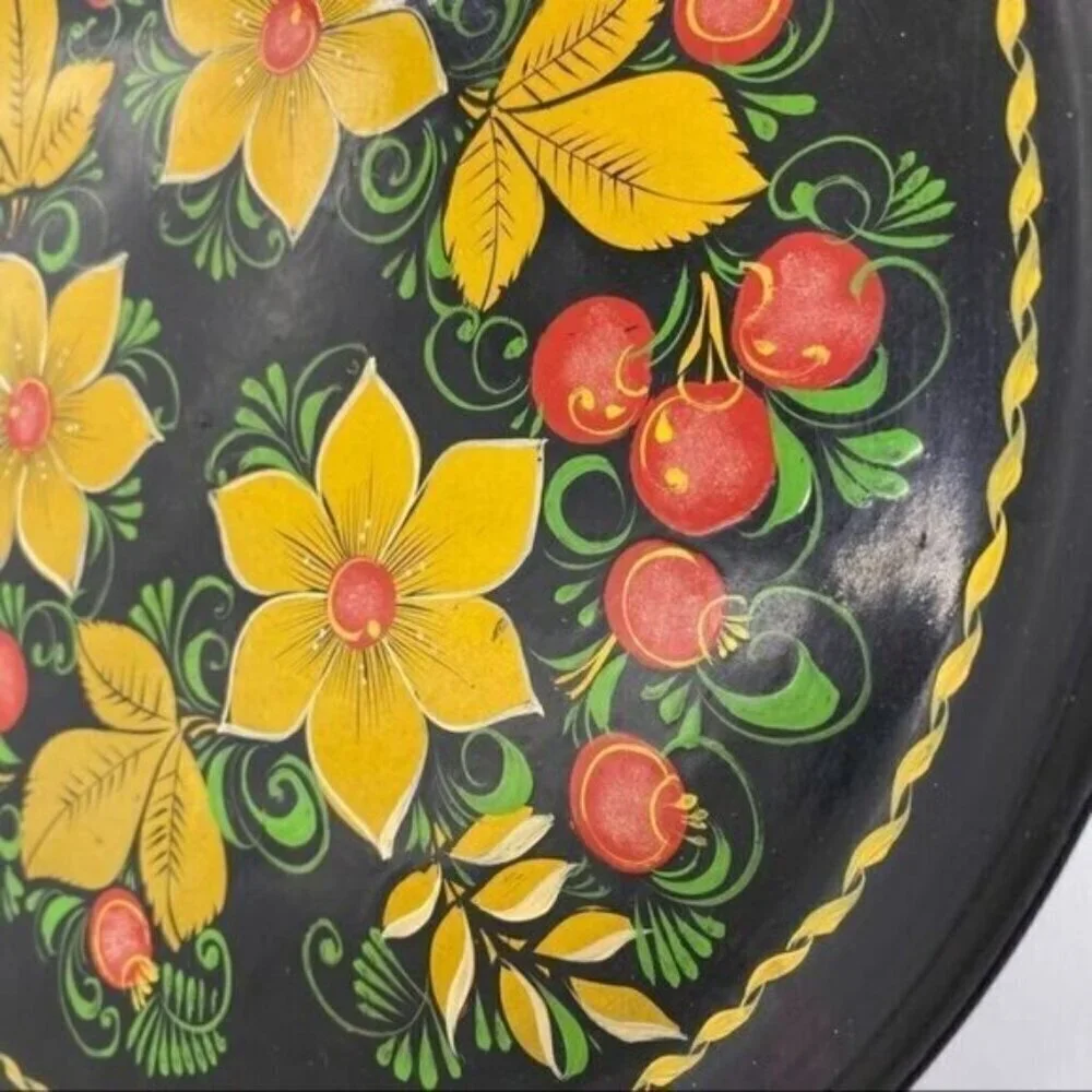 Vintage Russian Lacquerware Hand Painted Red and Gold Floral Plate